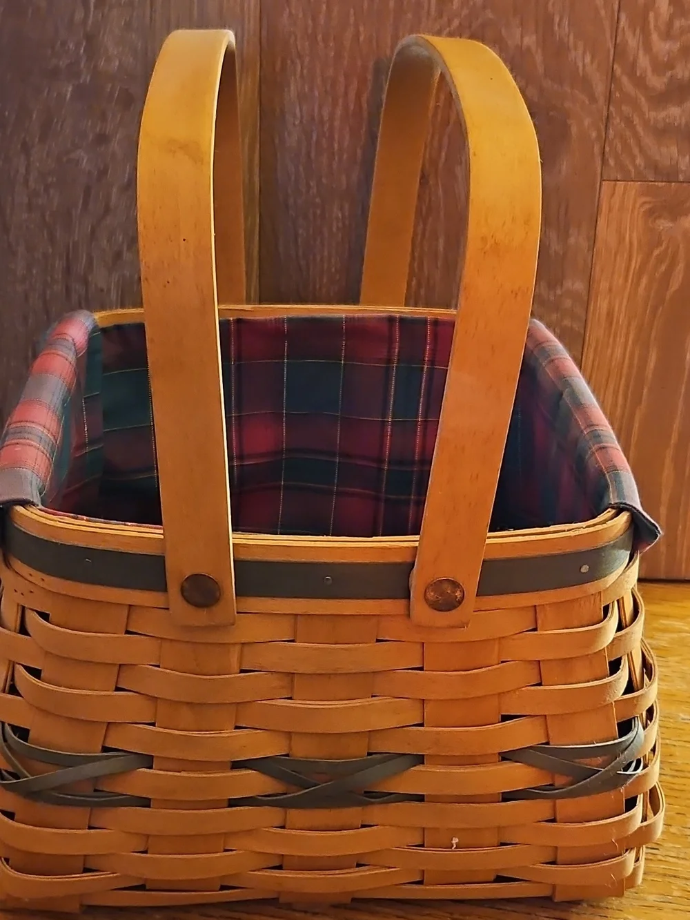 Longaberger Woven Basket with Red and Green Plaid Liner